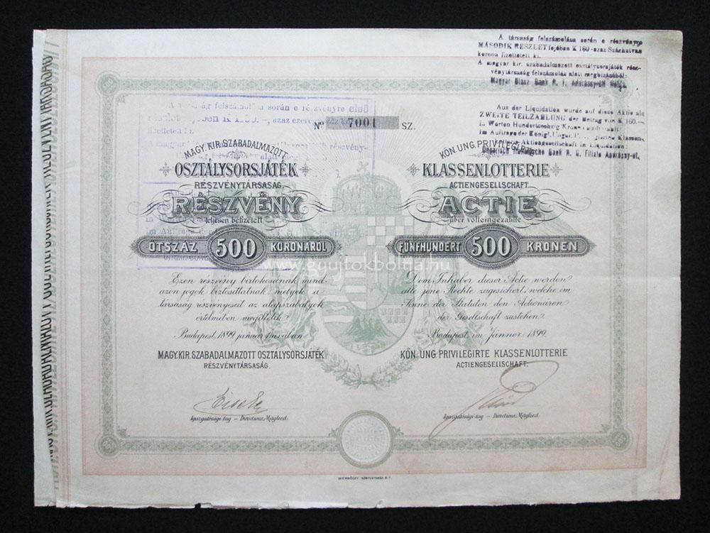 Magyar Királyi Szabadalmazott Osztálysorsjáték részvény 1899